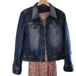 Liz Claiborne Dark Washed Denim Jean Cropped Disstressed Western Jacket Sz.M